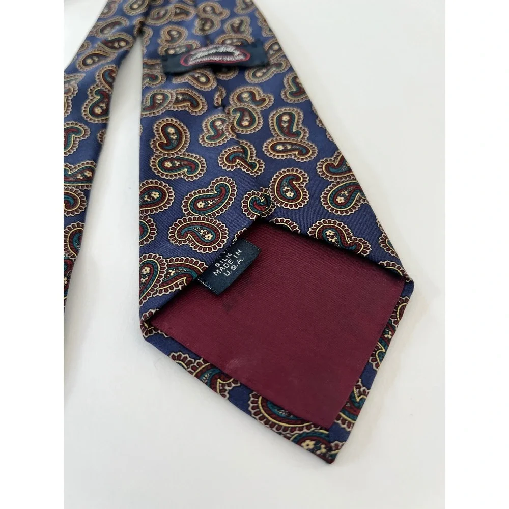 Allen Solly Mens Silk Paisley Tie Navy Blue Burgundy Teal Made in USA Classic